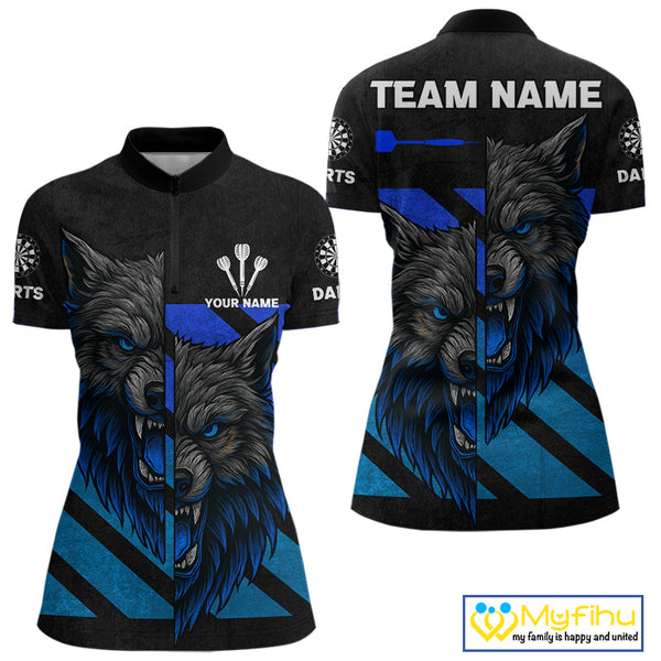 Custom Grunge Black And Blue Wolf Dart Quarter-Zip Shirt For Women, Dart Jerseys NYN0517