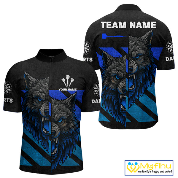 Custom Grunge Black And Blue Wolf Dart Quarter-Zip Shirt For Men, Dart Jerseys NYN0517
