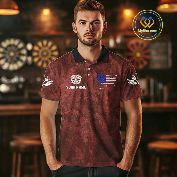 Custom Black And Red Camo Dart Team Men Polo Shirts, Patriotic Dart Tournament Shirt NYN0524