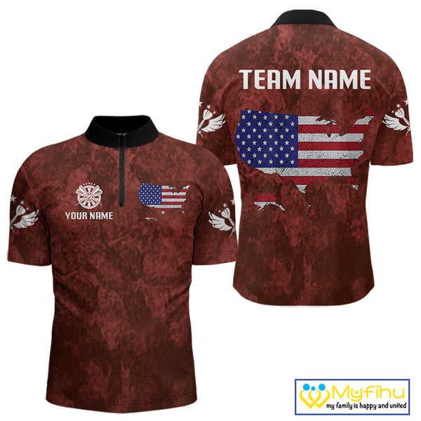 Custom Black And Red Camo Dart Team Men Quarter-Zip Shirts, Patriotic Dart Tournament Shirt NYN0524