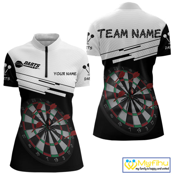 Custom Black And White Dart Team Quarter-Zip Shirt For Women, Dart Jerseys NYN0525