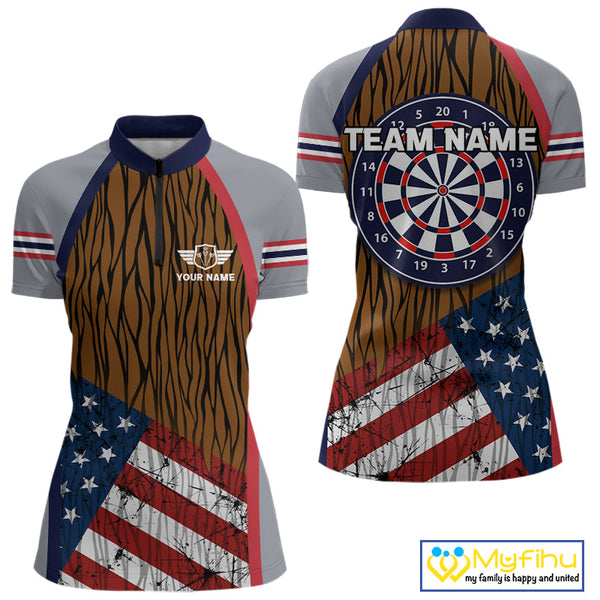 Custom Grunge US Flag Patriotic Dart Quarter-Zip Shirt For Women, Dart Team Jerseys NYN0528