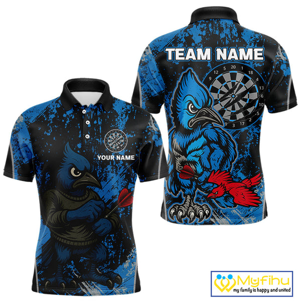 Custom Black And Blue Funny Bird Dart Team Polo Shirt For Men, Dart Jerseys NYN0530