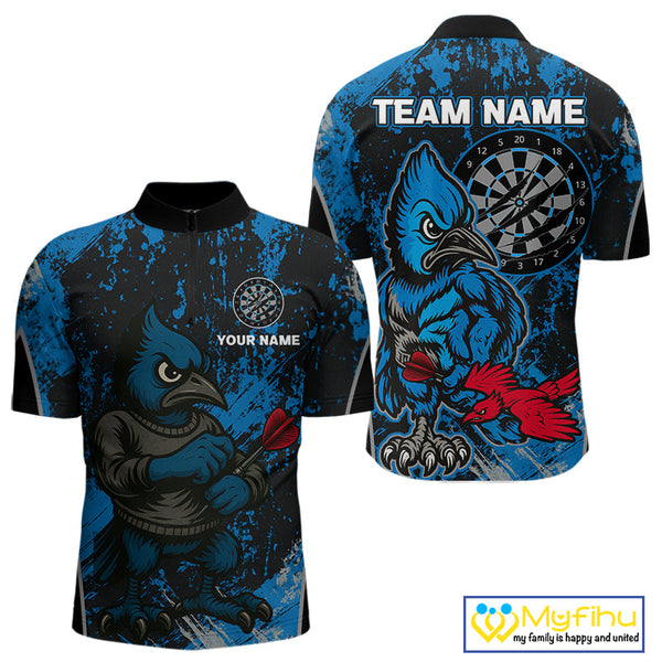 Custom Black And Blue Funny Bird Dart Team Quarter-Zip Shirt For Men, Dart Jerseys NYN0530