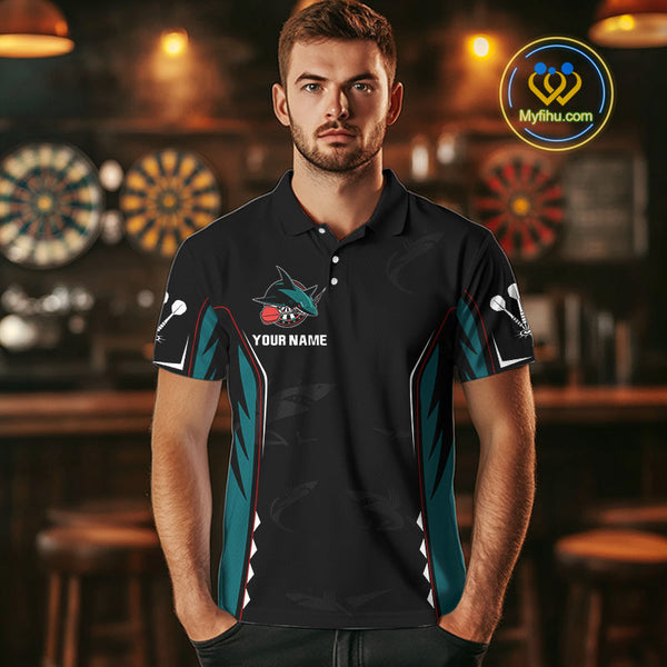 Custom Green Blue Shark Dart Team Polo Shirt For Men, Dart Tournament Shirt NYN0538