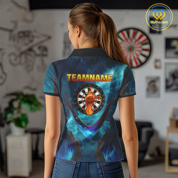 Custom Blue Fire Flame Strong Dart Team Polo Shirt For Women, Dart Jerseys NYN0542