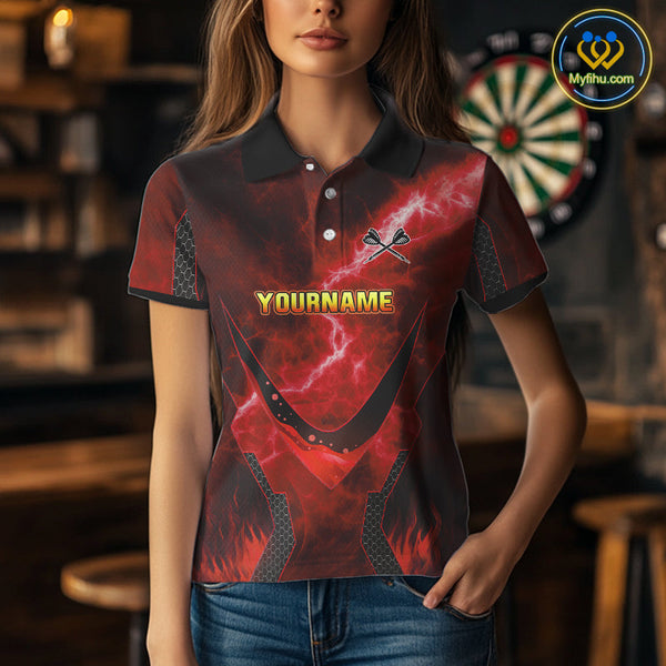 Custom Red Fire Flame Strong Dart Team Polo Shirt For Women, Dart Jerseys NYN0543