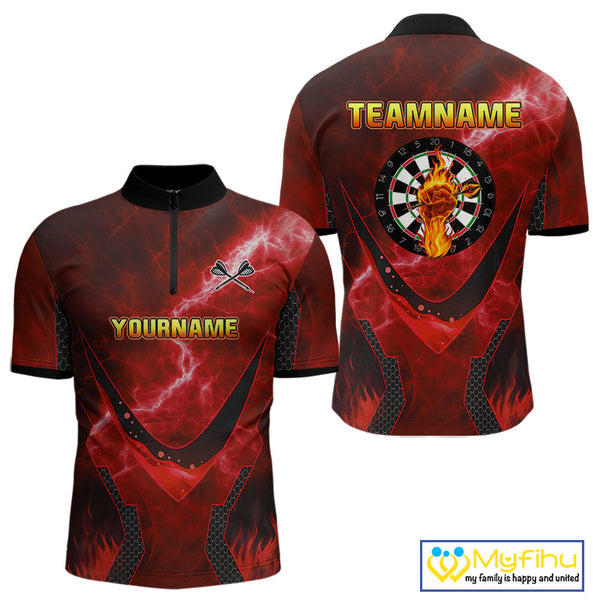Custom Red Fire Flame Strong Dart Team Quarter-Zip Shirt For Men, Dart Jerseys NYN0543