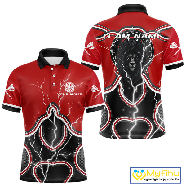 Custom Red Thunder Lightning Lion Skull Dart Polo Shirt For Men, Dart League Shirt NYN0544