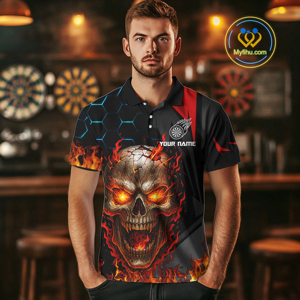 Custom Red Fire Flame Skull Dart Polo Shirts For Men, Halloween Dart Jersey NYN0556