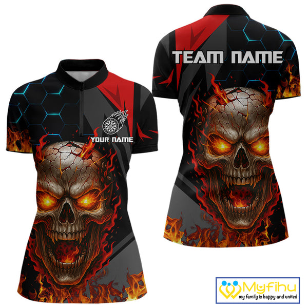 Custom Red Fire Flame Skull Dart Quarter-Zip Shirts For Women, Halloween Dart Jersey NYN0556