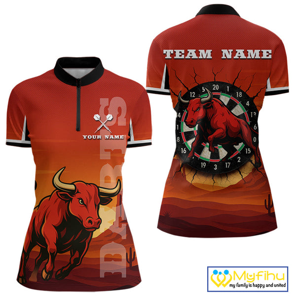 Custom Black And Red Dart Quarter-Zip Shirt For Women, Bull Dart Jersey NYN0558