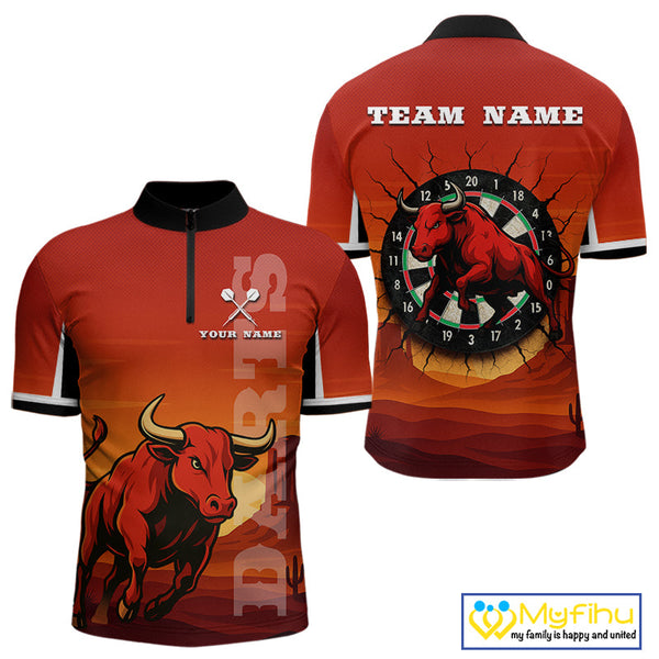 Custom Black And Red Dart Quarter-Zip Shirt For Men, Bull Dart Jersey NYN0558