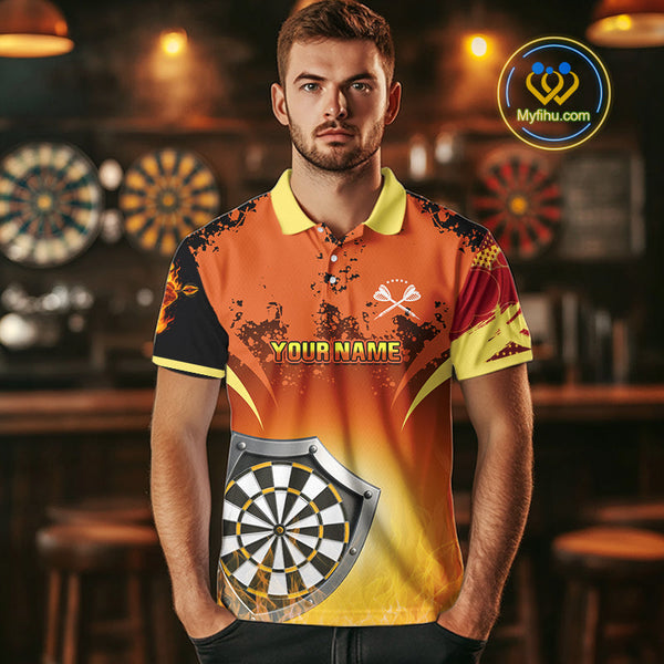 Custom Black And Orange Fire Flame Dart Team Polo Shirt For Men, Dart League Shirt NYN0564