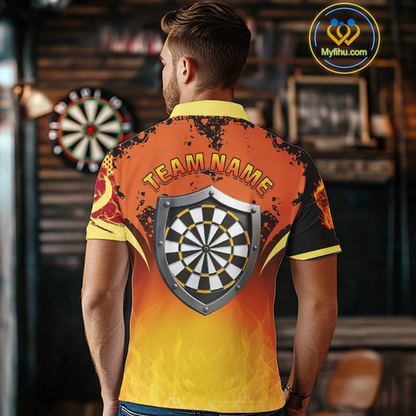 Custom Black And Orange Fire Flame Dart Team Polo Shirt For Men, Dart League Shirt NYN0564