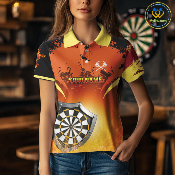 Custom Black And Orange Fire Flame Dart Team Polo Shirt For Women, Dart League Shirt NYN0564