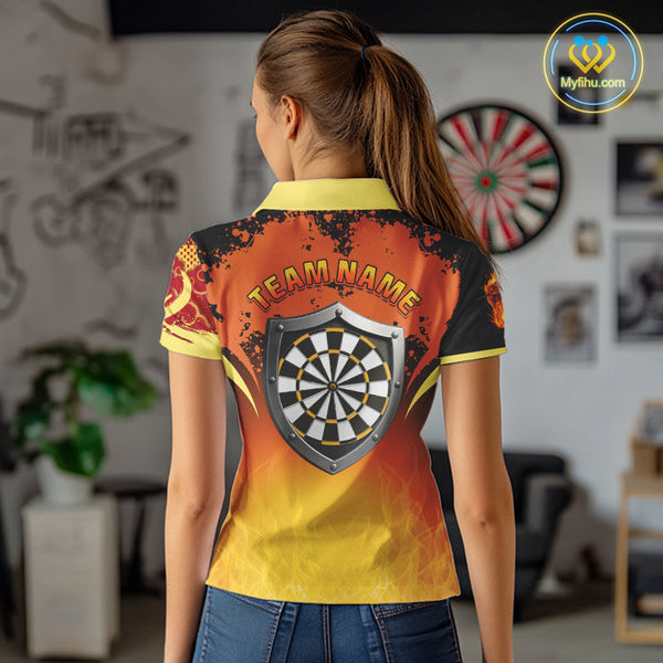 Custom Black And Orange Fire Flame Dart Team Polo Shirt For Women, Dart League Shirt NYN0564
