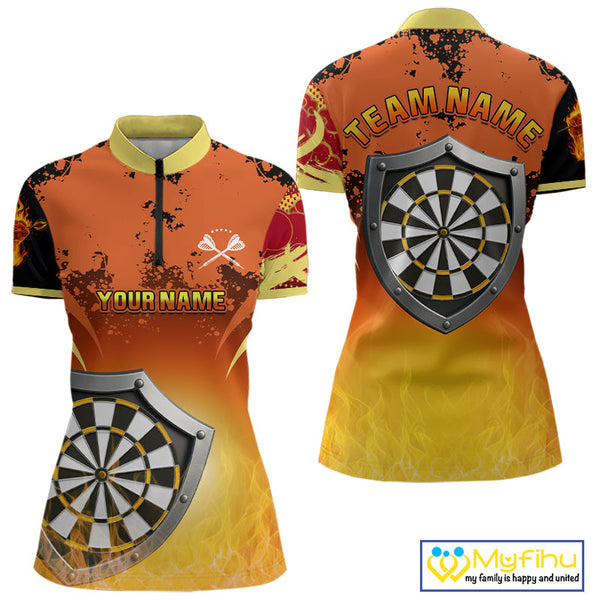 Custom Black And Orange Fire Flame Dart Team Women Quarter-Zip Shirt, Dart League Shirt NYN0564