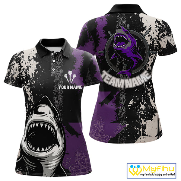 Custom Black And Purple Shark Dart Team Polo Shirt For Women, Dart Jerseys NYN0566