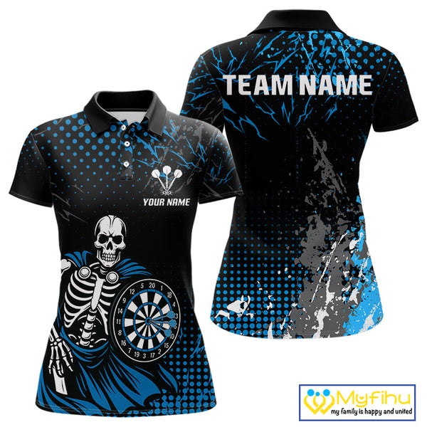 Custom Black And Blue Thunder Lightning Skull Dart Polo Shirt For Women, Dart Jersey NYN0567