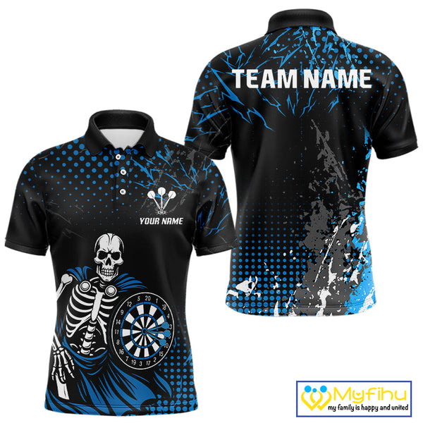 Custom Black And Blue Thunder Lightning Skull Dart Polo Shirt For Men, Dart Jersey NYN0567