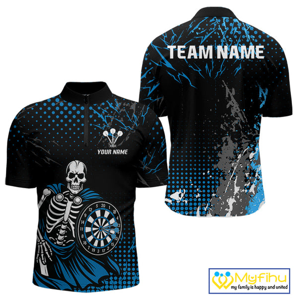 Custom Black And Blue Thunder Lightning Skull Dart Quarter-Zip Shirt For Men, Dart Jersey NYN0567