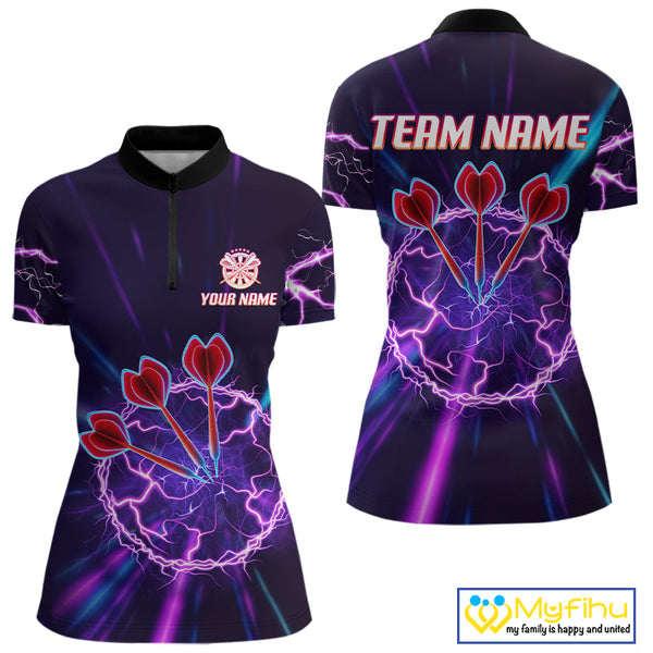 Custom Purple Thunder Lightning Dart Team Women Quarter-Zip Shirt, Dart League Shirt NYN0568