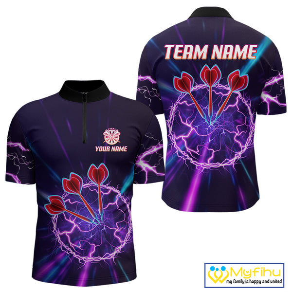 Custom Purple Thunder Lightning Dart Team Men Quarter-Zip Shirt, Dart League Shirt NYN0568