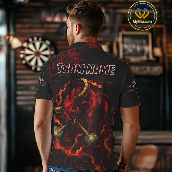 Custom Black And Red Fire Flame Bull Dart Team Polo Shirt For Men, Dart League Shirt NYN0571