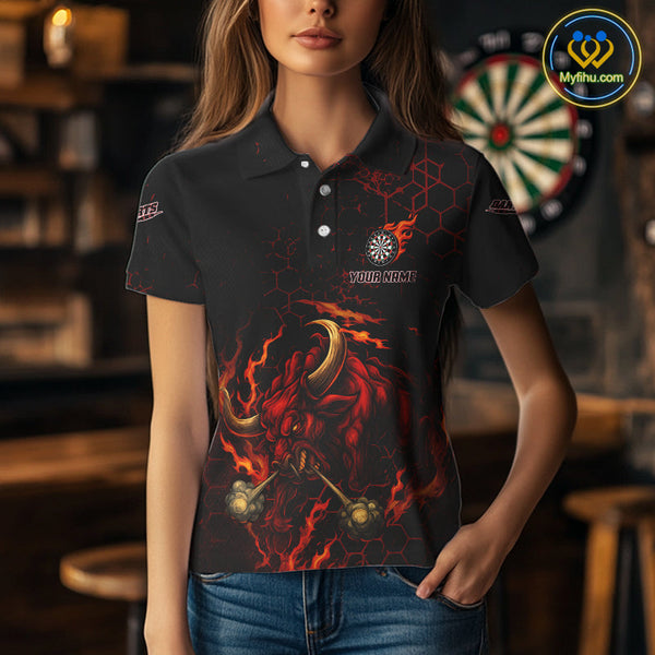 Custom Black And Red Fire Flame Bull Dart Team Polo Shirt For Women, Dart League Shirt NYN0571