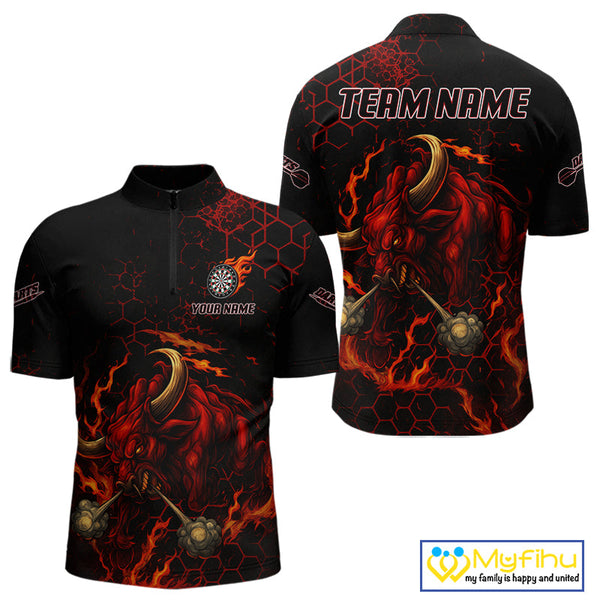 Custom Black And Red Fire Flame Bull Dart Team Quarter-Zip Shirt For Men, Dart League Shirt NYN0571