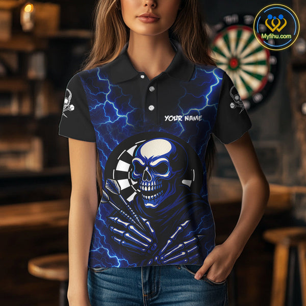 Custom Blue Thunder Lightning Skull Dart Team Women Polo Shirt, Halloween Dart Outfit NYN0591