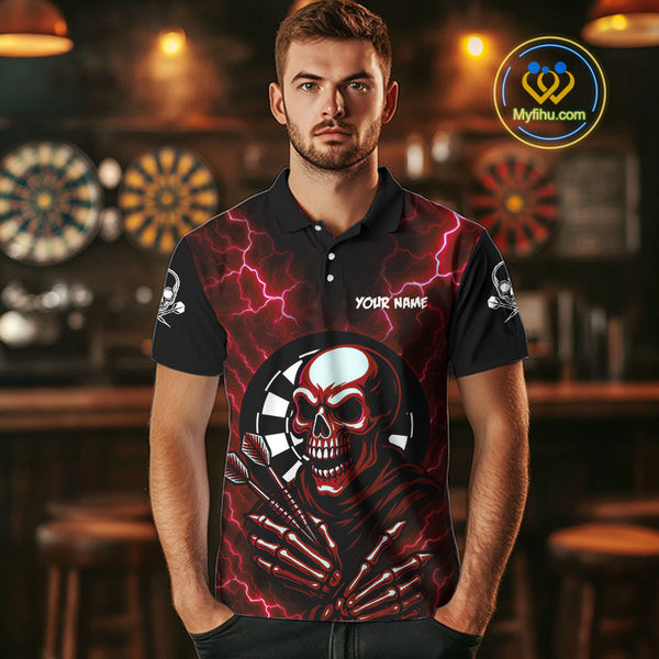 Custom Red Thunder Lightning Skull Dart Team Men Polo Shirt, Halloween Dart Outfit NYN0592