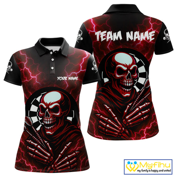 Custom Red Thunder Lightning Skull Dart Team Women Polo Shirt, Halloween Dart Outfit NYN0592