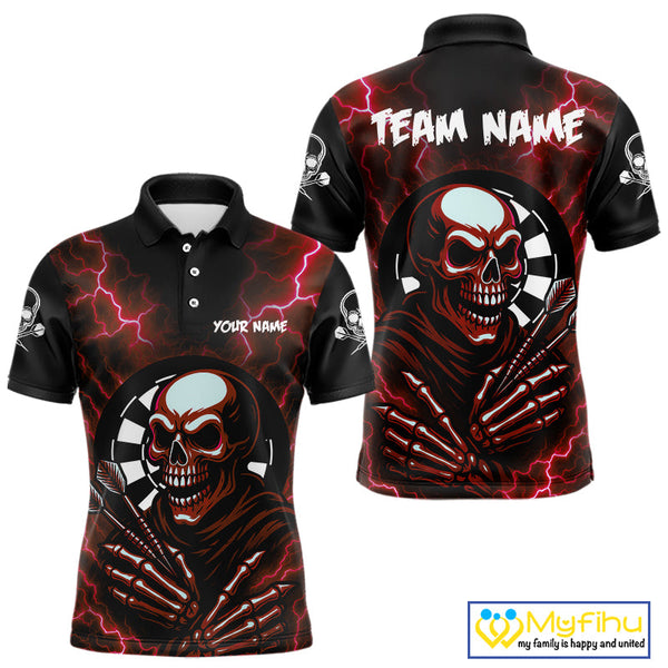 Custom Red Thunder Lightning Skull Dart Team Men Polo Shirt, Halloween Dart Outfit NYN0592