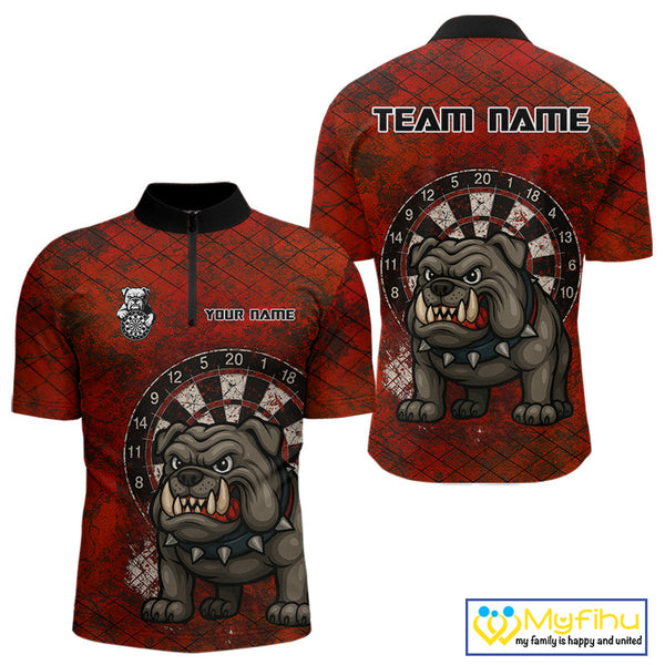 Custom Grunge Black And Red Bulldog Dart Quarter-Zip Shirt For Men, Vintage Dart Shirt NYN0596