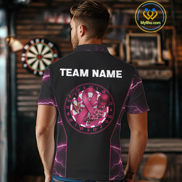 Custom Thunder Lightning Pink Breast Cancer Ribbon Dart Team Men Polo Shirt NYN0601