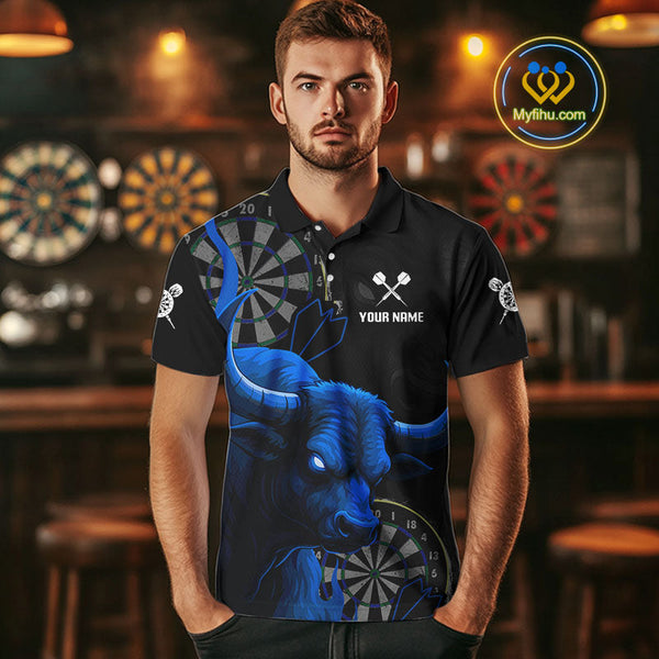 Custom Black And Blue Bull Dart Polo Shirt For Men, Bull Dart Jerseys NYN0610