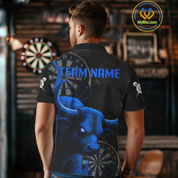 Custom Black And Blue Bull Dart Polo Shirt For Men, Bull Dart Jerseys NYN0610