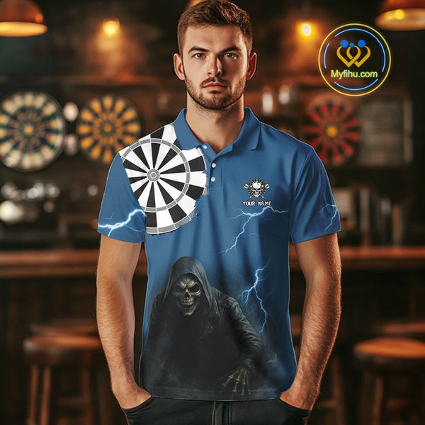 Custom Blue Thunder Lightning Grim Reaper Dart Team Men Polo Shirt, Halloween Dart Outfit NYN0351