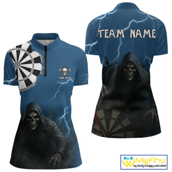 Custom Blue Thunder Lightning Grim Reaper Dart Women Quarter-Zip Shirt, Halloween Outfit NYN0351