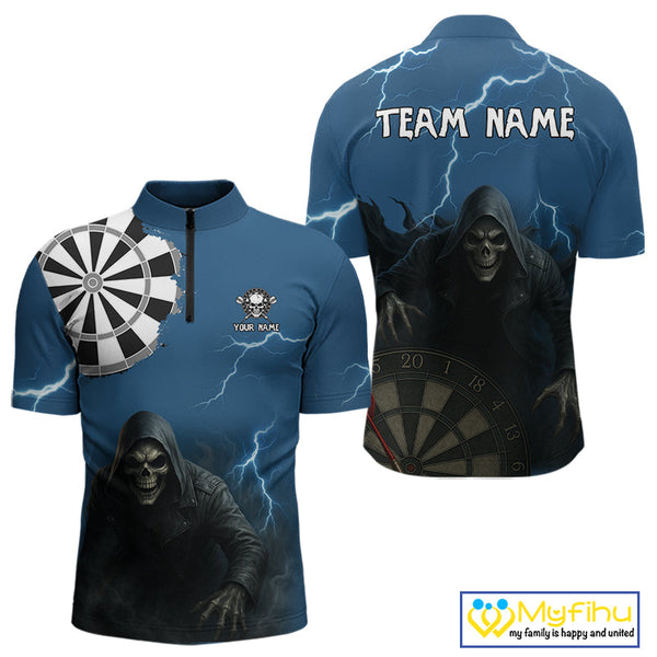 Custom Blue Thunder Lightning Grim Reaper Dart Team Men Quarter-Zip Shirt, Halloween Dart Outfit NYN0351
