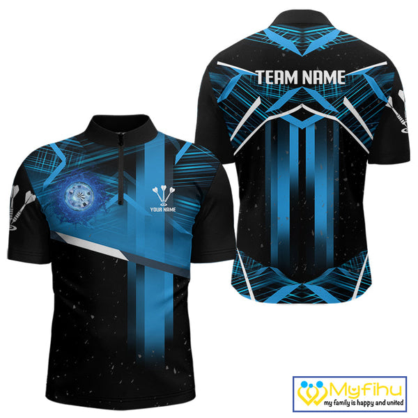 Custom Black And Blue Dart Jerseys, Dart Team Men Quarter-Zip Shirts, Dart Tournament Shirt NYN0352