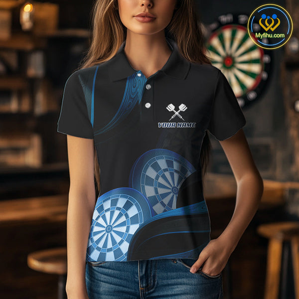 Custom Black And Blue Dart Team Polo Shirt For Women, Dart Tournament Shirt NYN0622
