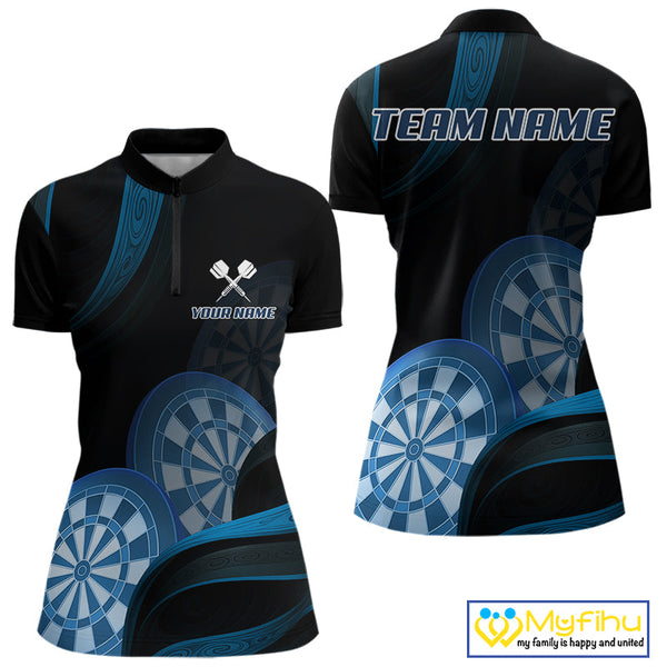 Custom Black And Blue Dart Team Quarter-Zip Shirt For Women, Dart Tournament Shirt NYN0622
