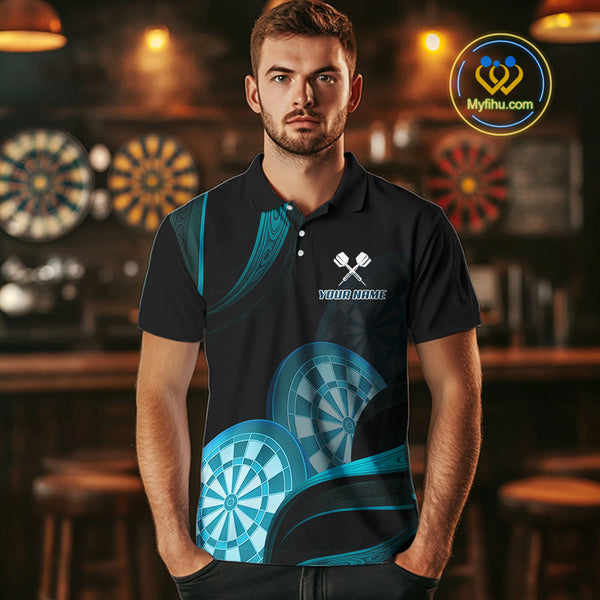 Custom Black And Turquoise Blue Dart Team Polo Shirt For Men, Dart Tournament Shirt NYN0623
