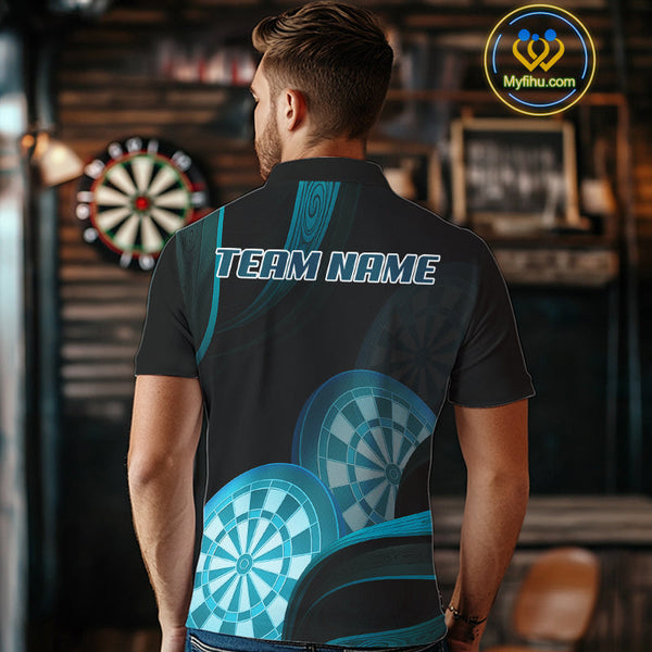 Custom Black And Turquoise Blue Dart Team Polo Shirt For Men, Dart Tournament Shirt NYN0623