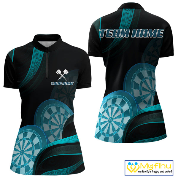 Custom Black And Turquoise Blue Dart Team Women Quarter-Zip Shirt, Dart Tournament Shirt NYN0623