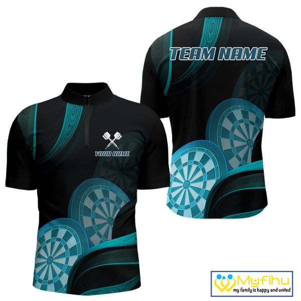 Custom Black And Turquoise Blue Dart Team Quarter-Zip Shirt For Men, Dart Tournament Shirt NYN0623