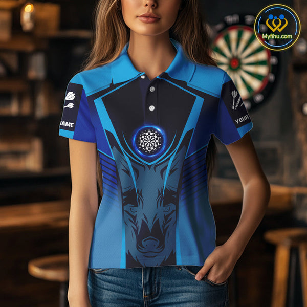 Custom Black And Blue Fox Dart Polo Shirts For Women, Dart Team Tournament Shirt NYN0366
